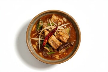 Overhead shot of a hearty stew featuring tofu, mushrooms, peppers, and bean sprouts in a ceramic bowl.