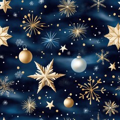 Fototapeta premium Elegant winter holiday pattern with gold snowflakes and festive ornaments on dark background
