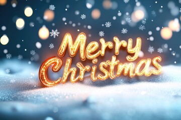 Festive merry christmas greeting with snowfall and glowing lights