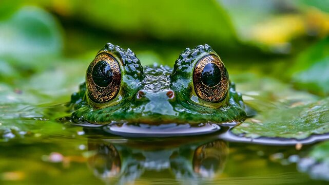 A frog is looking at the camera with its eyes wide open. The frog is in a pond with green leaves and water