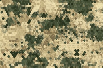An army camouflage pattern with hexagons in shades of green, brown, and beige. The design should have a high level of detail to mimic the appearance of military camouflage