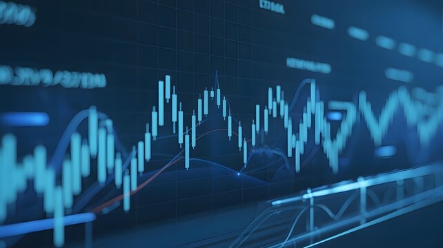 Modern blue financial data visualization with candlestick charts and digital graphs representing stock market trends and economic growth