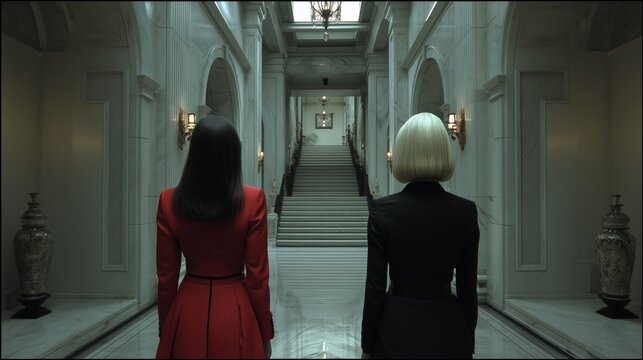 Dos mujeres elegantes ante escalera de m&aacute;rmol: escena cinematogr&aacute;fica en palacio lujoso
