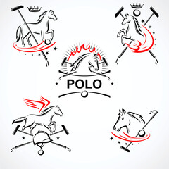 Horse polo labels and icon set. Collection icons horse polo. Vector
