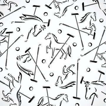 Horse polo background, pattern set. Collection icons porse polo. Vector 