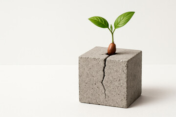 The sprout punches a crack in the concrete cube. Space for text.