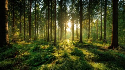Fototapeta premium Warm sunlight pours through a canopy of tall trees, illuminating lush green foliage and soft moss on the forest floor in the early morning light.