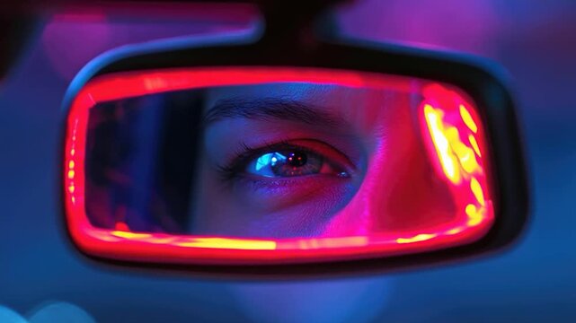 A person sitting in a car looking at their own reflection in the rearview mirror - Powered by Adobe