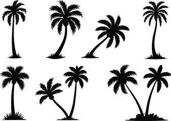 Flat vector illustration of tropical palm tree silhouettes, island scenes, beach nature icons, tropical plants, coastal environment, summer vacation concept.