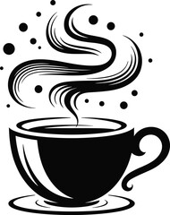 Hot steaming coffee cup, morning coffee drink, black tea icon, fresh brewed aroma, flat vector illustration, relaxing beverage symbol