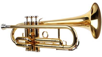 Shiny golden cornet musical instrument isolated on a transparent background trumpet