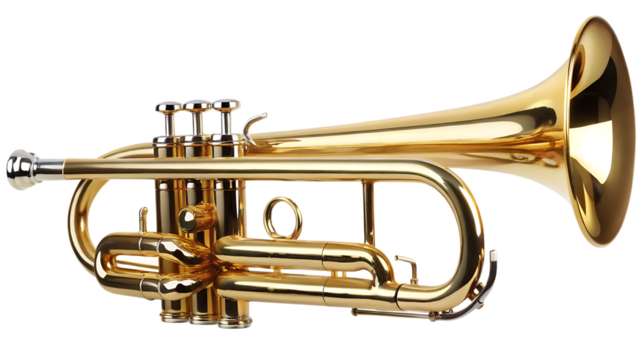 Shiny golden cornet musical instrument isolated on a transparent background trumpet