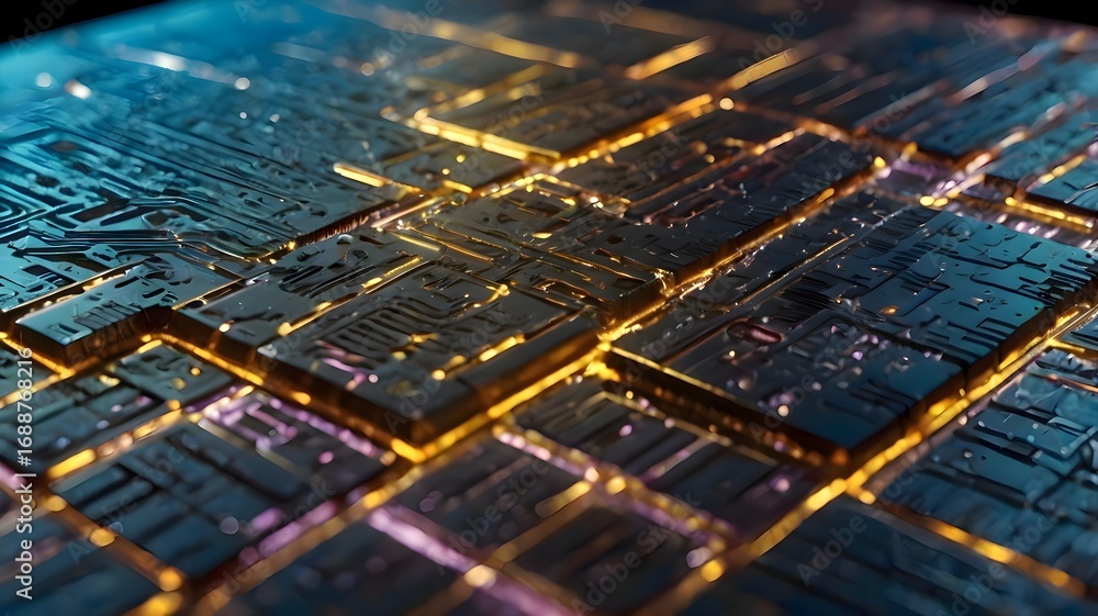Poster close up digital image of a computer motherboard highlighting its circuits, microchips, and electron
