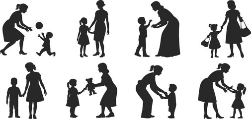 Mother and child silhouettes, family love, parenting moments, caring mother, children playing, mother holding child, family bonding, flat vector illustration