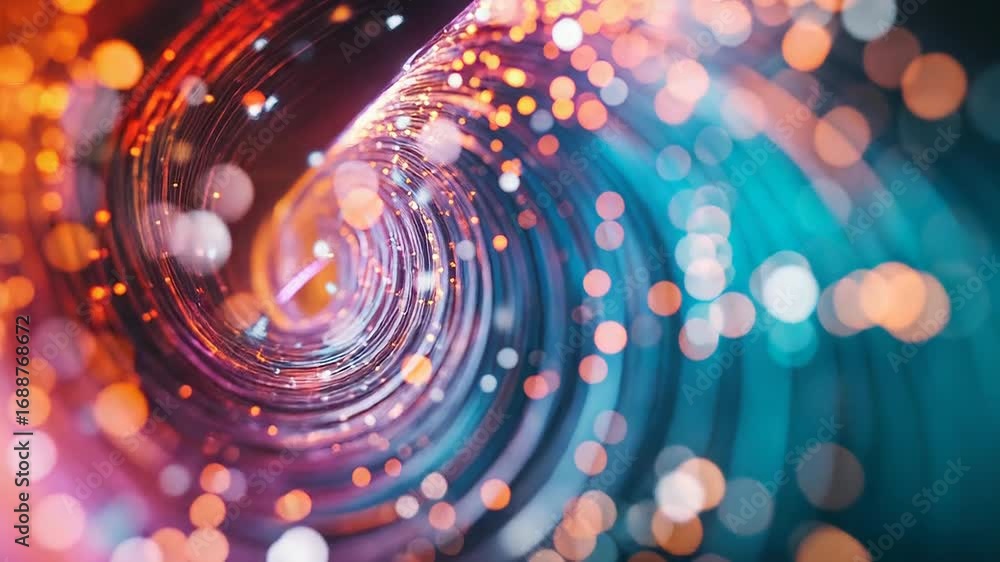 Poster glowing particles flowing through futuristic tunnel creating colorful vortex