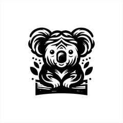 Cute black and white koala illustration sitting on a branch