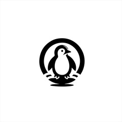 Minimalist black penguin logo inside a circle on white background