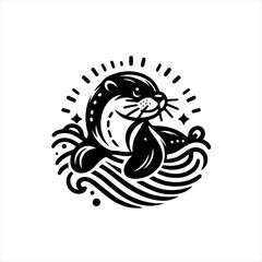 Cute otter swimming in stylized waves with sunburst effect