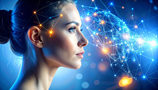 Side view of a humanoid head with blue and yellow eyes and vibrant neon neural network, representing futuristic technology and artificial intelligence - Powered by Adobe