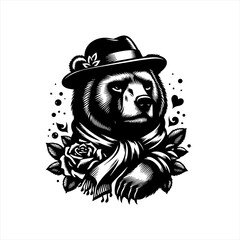 Stylish bear wearing a hat and scarf with rose and hearts