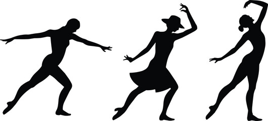Dancing silhouette women, female dancers in motion, modern dance poses, expressive body movement, black vector art, flat vector illustration