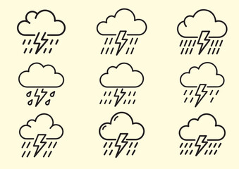 Cloud with lightning and rain Line art Vector design
