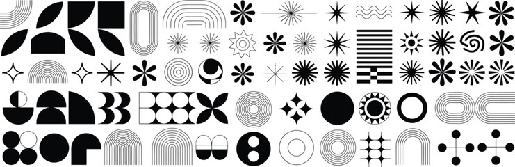 Black and white geometric abstract vector patterns, minimal retro optical art shapes, decorative modern line design, bold graphic background illustration