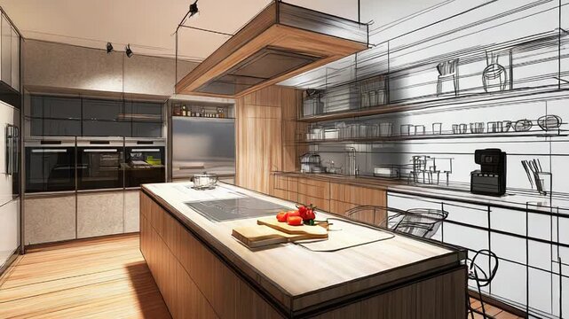 Modern kitchen combining photorealistic render and sketch design