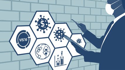 Businessperson analyzing virus impact on global economy financial data and statistics.