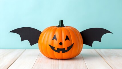 Naklejka premium A Smiling Pumpkin with Black Bat Wings on a Wooden Surface halloween jack-o-lantern