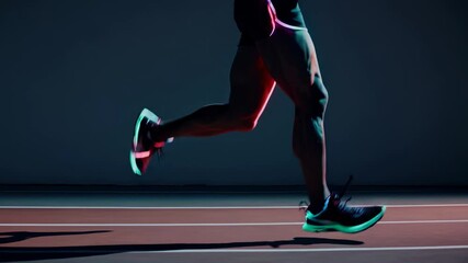 Dynamic low-angle shot of a runner's legs with neon lights, capturing motion and energy. Perfect for a sports-themed video project.