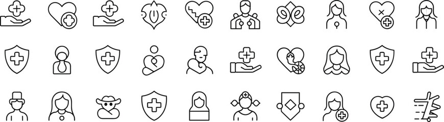 Healthcare icons set, medical symbols collection, hospital and doctor vector, nurse patient support, health insurance, protection, medicine, wellness illustrati