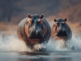 Two hippos charge through the water, splashing as they make their way across the river in the golden evening light