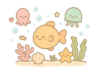 Fototapeta premium A collection of adorable sea creatures in a whimsical underwater scene, creating a joyful and imaginative illustration