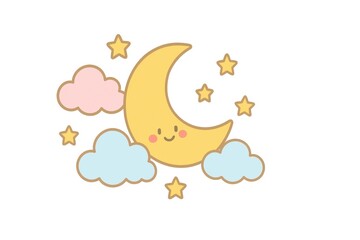 A cute cartoon crescent moon smiling among fluffy clouds and twinkling stars