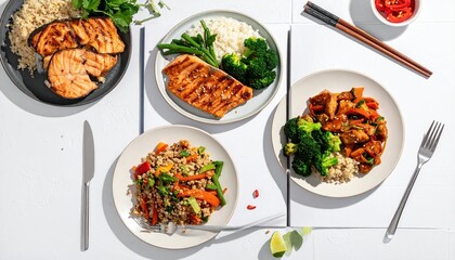 Assortment of healthy prepared meal bowls on a white background.