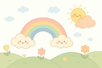 Obraz premium A delightful illustration of a cheerful rainbow with a sun and clouds and flower 