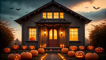 Obraz premium Spooky Halloween House Exterior with Jack-o- Lanterns and Flying Bats at Dusk pumpkins jack-o-lantern