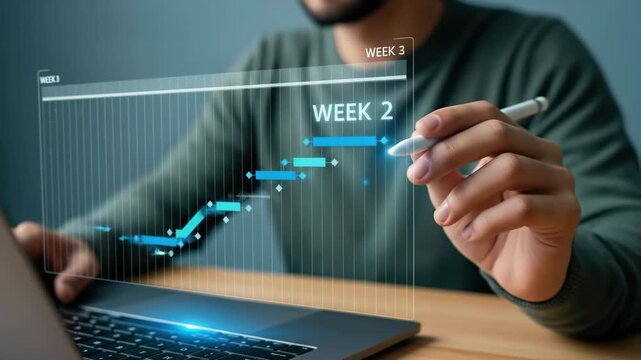 A project management planning and schedule with digital gantt chart laptop, showcasing business technology, timeline analysis, strategy, teamwork, workflow, productivity, and innovation professional