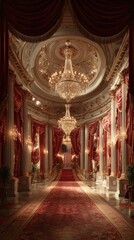 Fototapeta premium Elegant ballroom adorned with rich red drapes and sparkling chandeliers in an opulent historical palace