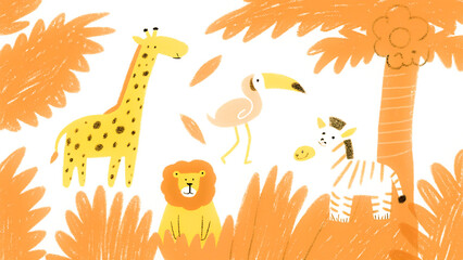 Jungle Animals Illustration – Colorful Wildlife Art with Giraffe, Lion, Zebra, Flamingo, and Toucan