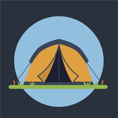 Illustration of a yellow camping tent with open flaps, set against a light blue circle and dark background.