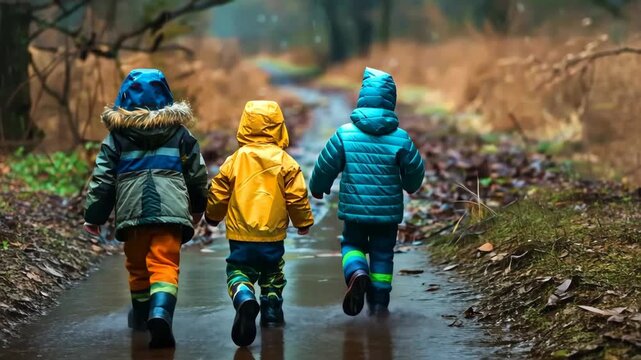 Two young children are walking down a muddy path in the woods. They are both wearing raincoats and holding hands. The scene is peaceful and quiet, with the sound of raindrops falling on the leaves