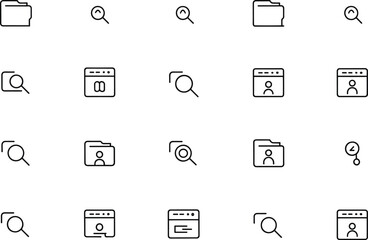 Search icons, folder symbols, magnifying glass, user profile, web browser icons, document search, file management, data storage, digital search design