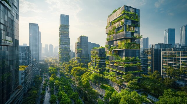 Visionary green cityscape with thriving vertical gardens on modern architecture