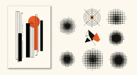 Modern abstract geometric graphic design elements set. Minimalist art composition, halftone dots, shapes, and target icons.
