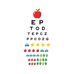 Eye chart with apple at the top, featuring letters, cars, stars, trees, and apples.