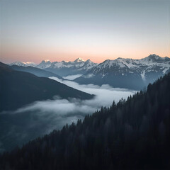 Foggy Valley under Snowy Ridge