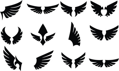 Variety of Stylized Black and White Wing Vector Illustrations for Logos and Emblems.