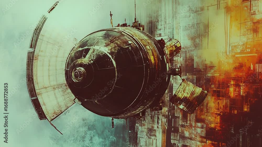 Poster spaceship exploring abstract technological world